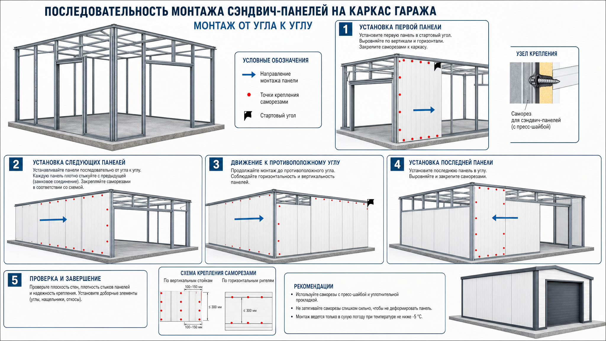Схема монтажа сэндвич-панелей на каркас гаража Схема последовательности монтажа сэндвич-панелей на каркас: от угла к углу с указанием точек крепления